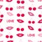 Seamless pattern with colorful lips, cherries, words love