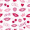 Seamless pattern with colorful lips, flowers, crowns, cherries, words love and girl, hearts