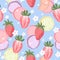 Seamless pattern with colorful macarons and strawberries. Cute dessert and berry background