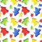 Seamless pattern with colorful meeples - elements of board games. Watercolor hand drawn illustrations