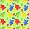 Seamless pattern with colorful meeples - elements of board games. Watercolor hand drawn illustrations on green