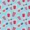 Seamless pattern of colorful movie design elements and cinema icons. Background with film symbols in vintage style. Hand drawn