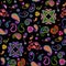Seamless pattern with colorful paisley and flowers on black background. Print for fabric in ethnic style. Design for home textile