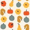 Seamless pattern of colorful pumpkins in cartoon style. Playful background of pumpkins, squash, and gourd. Autumn prints