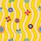 Seamless pattern with colorful rounds and butterflies on yellow background with waves