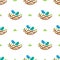 Seamless pattern with colorful singing birds in nest in minimalistic style on white background