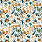 Seamless pattern with colorful small pretty flowers, leaves and floral elements