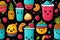seamless pattern with colorful smoothies and fruit on a black background