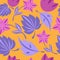 Seamless pattern with colorful stylized purple branches, leaves and pink flowers on an orange background.
