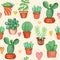 Seamless pattern colorful succulents and cactuses hand painted in watercolor
