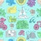 Seamless pattern with colorful summer drawings of travel objects, gardening, cottage house, flowers on blue
