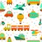 Seamless pattern with colorful transport. Cute children background with hearts