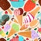 Seamless pattern of colorful types of ice cream, vector illustration of refreshing and delicious summer food. Nutrition