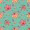 Seamless pattern with colorful yellow, and orange seasonal autum leaves on green background