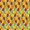 Seamless pattern of colorful yellow, red, orange ripe fruits of cocoa beans with green foliage on a white background.