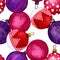 Seamless pattern of coloured Christmas balls. Holiday ornaments for the happy new year. Watercolour illustration of hand painted.