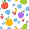 Seamless pattern with colourful fruits and blue flowers