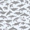 Seamless pattern with Common bottlenose dolphin on a blue background. Dolphins Tursiops truncatus in different poses. Realistic ve