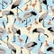 Seamless pattern Common crane or Grus grus or Eurasian crane. A gray cranes in various poses. Birds are looking for food, standing