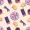 Seamless pattern concept for coffee break, rest at work, glasses, phone, notes, coffee, plate with cookies on the table