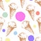 Seamless pattern with cone waffle ice cream and colorful watercolor drops.