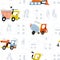 Seamless pattern, construction vehicles are driving around the city. Cartoon truck, concrete mixer, excavator,in doodle style,