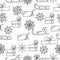 Seamless pattern of contour doodle winter accessories sledges, gifts and snowflakes, festive background for creating decor