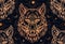 Seamless pattern with contour gold wolf head and sacred symbols on dark background. Predator portrait in front with boho pattern.