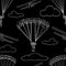 Seamless pattern of contour white skydivers figures, sports plane and clouds on black background