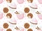 Seamless pattern with cookies, cupcakes, creamy hot drink with spices. St. Valentine's Day or Wedding or Christmas