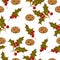 Seamless pattern cookies and holly, traditional christmas ornament