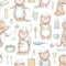 Seamless pattern with cooking cats and kitchenware