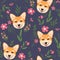 Seamless pattern with corgi faces and flowers. Vector graphics