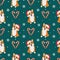 Seamless pattern with corgis in Santa Claus hat and caramels. Background for wrapping paper, greeting cards and seasonal designs.