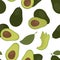 Seamless pattern of cosmetics from avocado vector. Oil Bottle Cream Fruit Vegetable Leaves