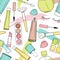 Seamless pattern with cosmetics. Hand drawi illustration