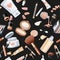 Seamless pattern from cosmetics objects cream, face powder, lipstick, brush, foundation cream, pencil contour on a black