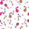 Seamless, pattern. Cosmetics and women`s accessories in pink and beige color on a white background. Flat vector.