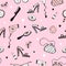 Seamless pattern with cosmetics and women`s accessories. Vector