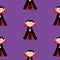 Seamless Pattern Count Dracula. Cute cartoon vampire character with fangs. Happy Halloween texture. Flat design. Violet background