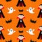 Seamless Pattern Count Dracula, flying bat, ghost spirit . Cute cartoon vampire character with fangs. Happy Halloween texture. Fla