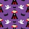 Seamless Pattern Count Dracula, flying bat, ghost spirit . Cute cartoon vampire character with fangs. Happy Halloween texture. Fla