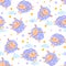 Seamless pattern of counting cute sheep to fall asleep. Cartoon happy jumping sheep with stars and clouds for baby