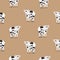 Seamless pattern with cow and calf coated in black and white patches. Backdrop with cute cartoon animals on brown