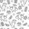 Seamless pattern with cows, bulls and gifts, coloring page