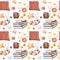 Seamless pattern with cozy home elements, coffee, candles, books, knit yarn and colorful autumn leaves.