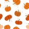 Seamless pattern with cozy orange pumpkins, green pumpkin leaves. Vector cartoon illustration, hello autumn. Thanksgiving day