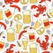 Seamless pattern with crabs, sausage, beer, hop and grain.