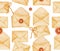 Seamless pattern with craft paper envelopes, wax seals, bows on a white background