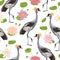 Seamless pattern with crane bird and water lily. Oriental motif.